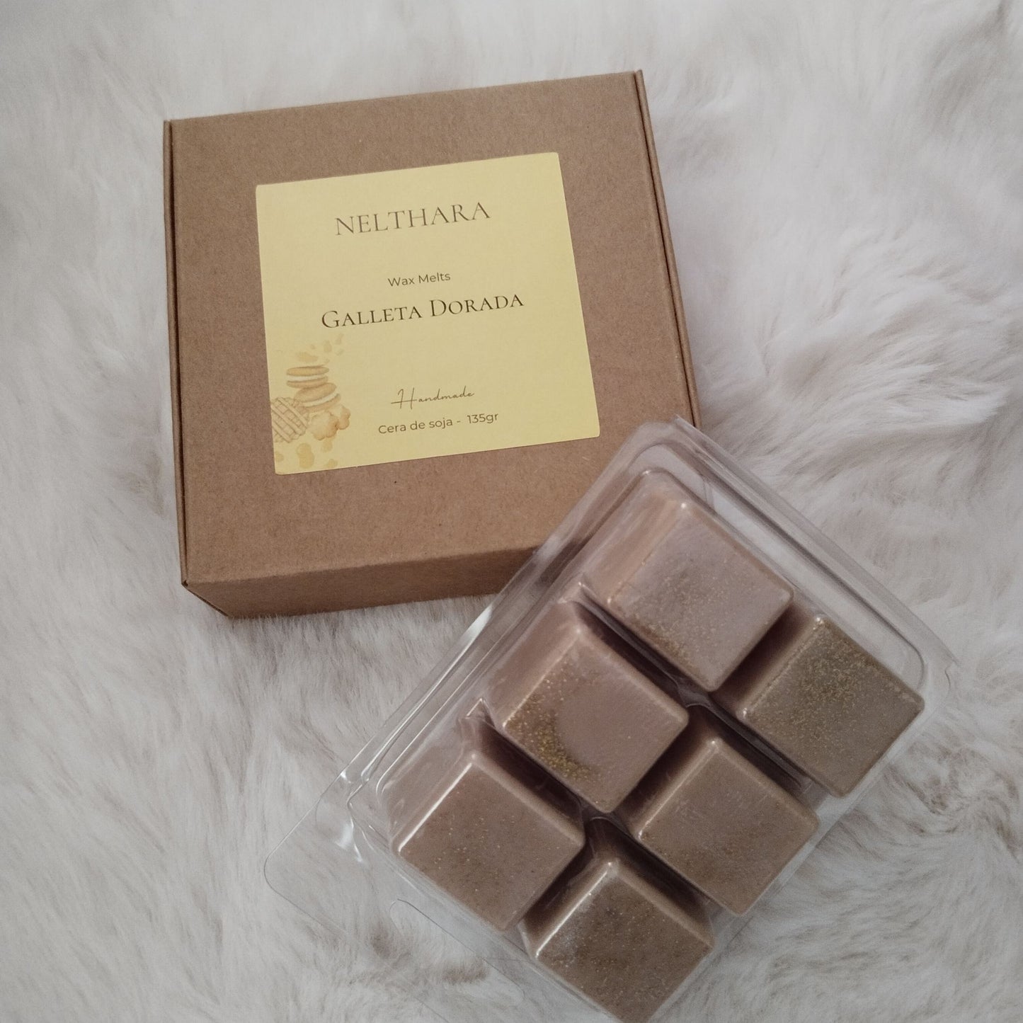 Wax melts soja Galleta Dorada con cajita kraft regalo Nelthara