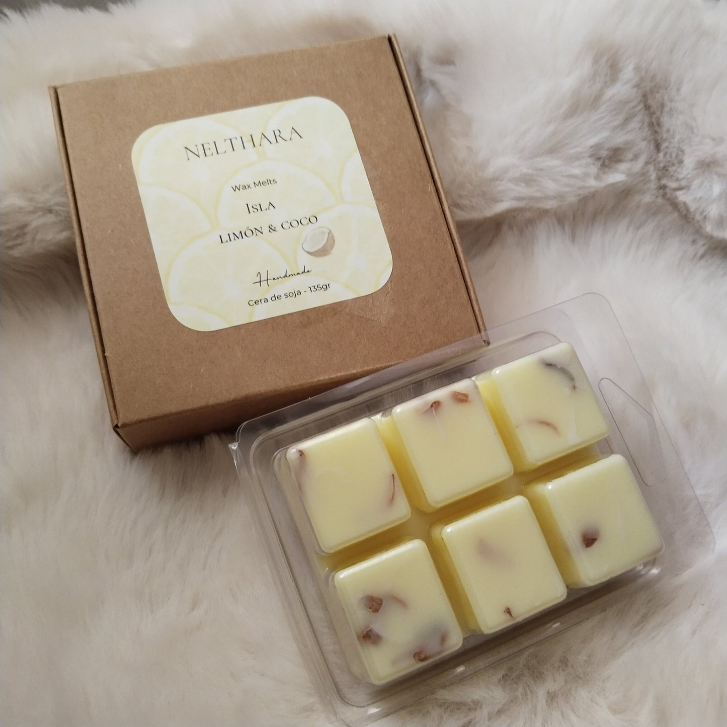 Cera aromática Isla Limón Coco wax melts soja verano Nelthara