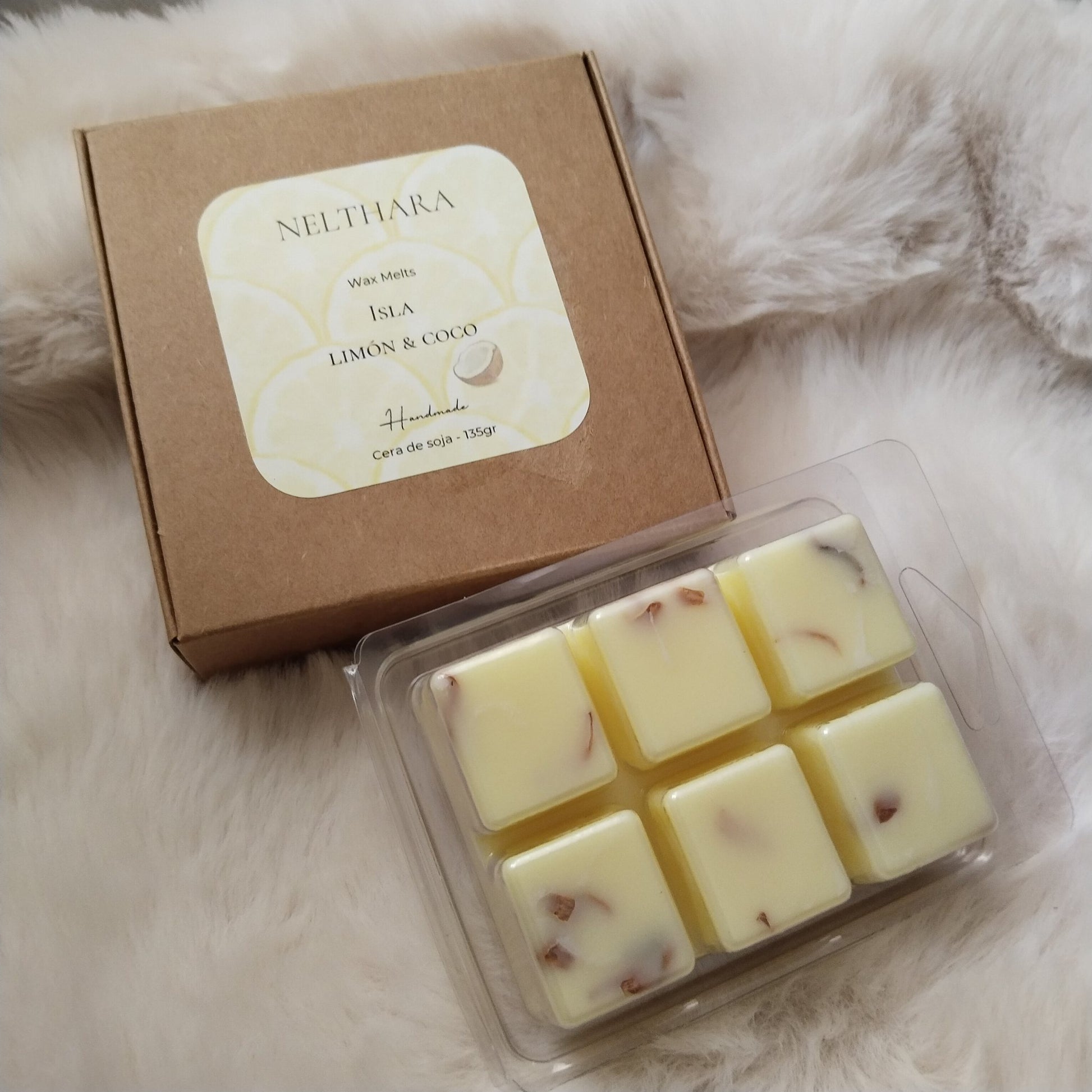Cera aromática Isla Limón Coco wax melts soja verano Nelthara