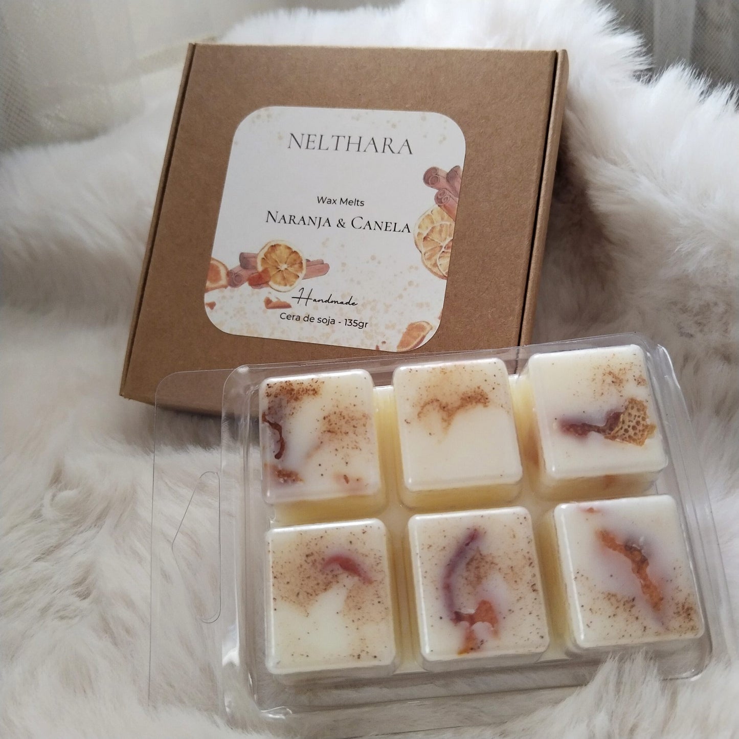 Cera aromática Naranja & Canela wax melts soja presentación regalo Nelthara