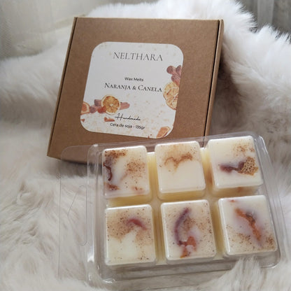Cera aromática Naranja & Canela wax melts soja presentación regalo Nelthara