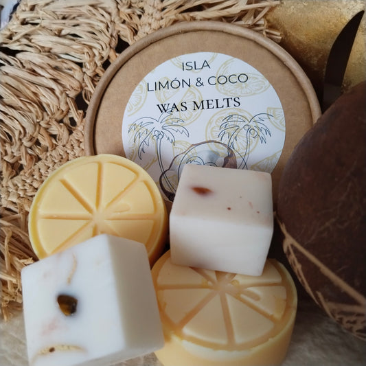 wax melts de cera de soja con aroma a limón y coco. vegano y libre de tóxicos.