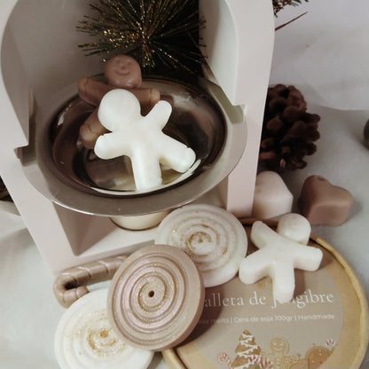 Pack quemador de esencias y wax melts galleta de jengibre, hechos a mano con cera de soja 100% natural, libre de tóxicos y crueldad animal. 100g. ideal regalos navideños.