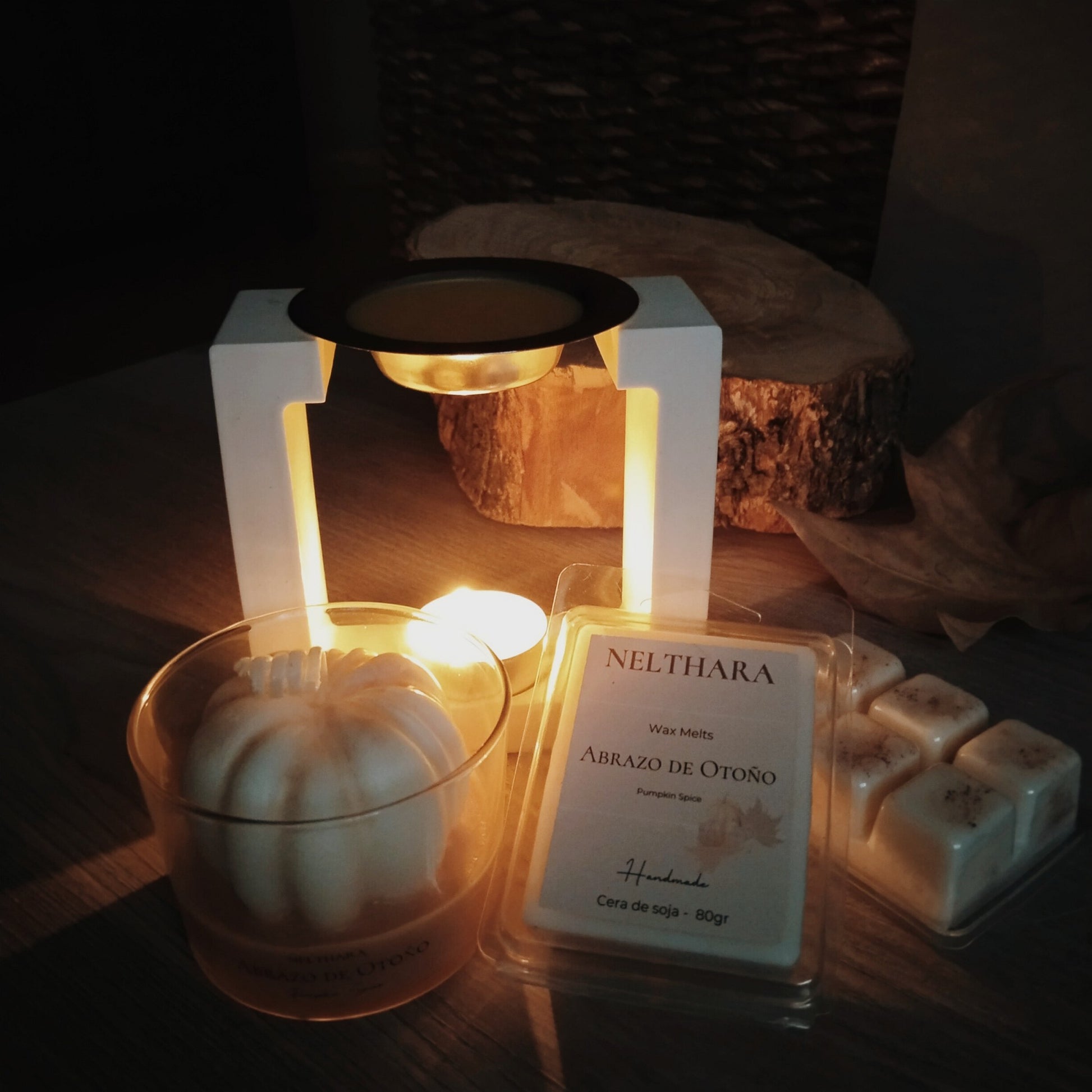 pack premium completo de ceras aromaticas, vela calabaza y quemador. wax melts cera de soja. ideal para regalar. regalos que enamoran. aroma pumpkin spice.