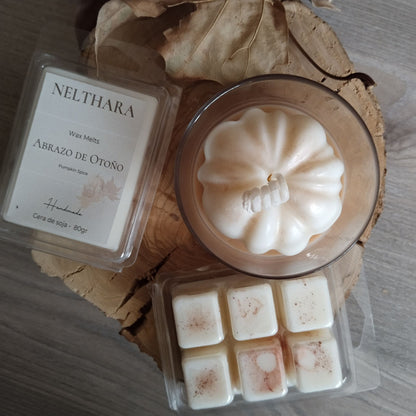 vela calabaza y wax melts de cera de soja, hecho a mano, colección otoño, ideal para regalar y amantes de los aromas dulces. calabaza y canela.