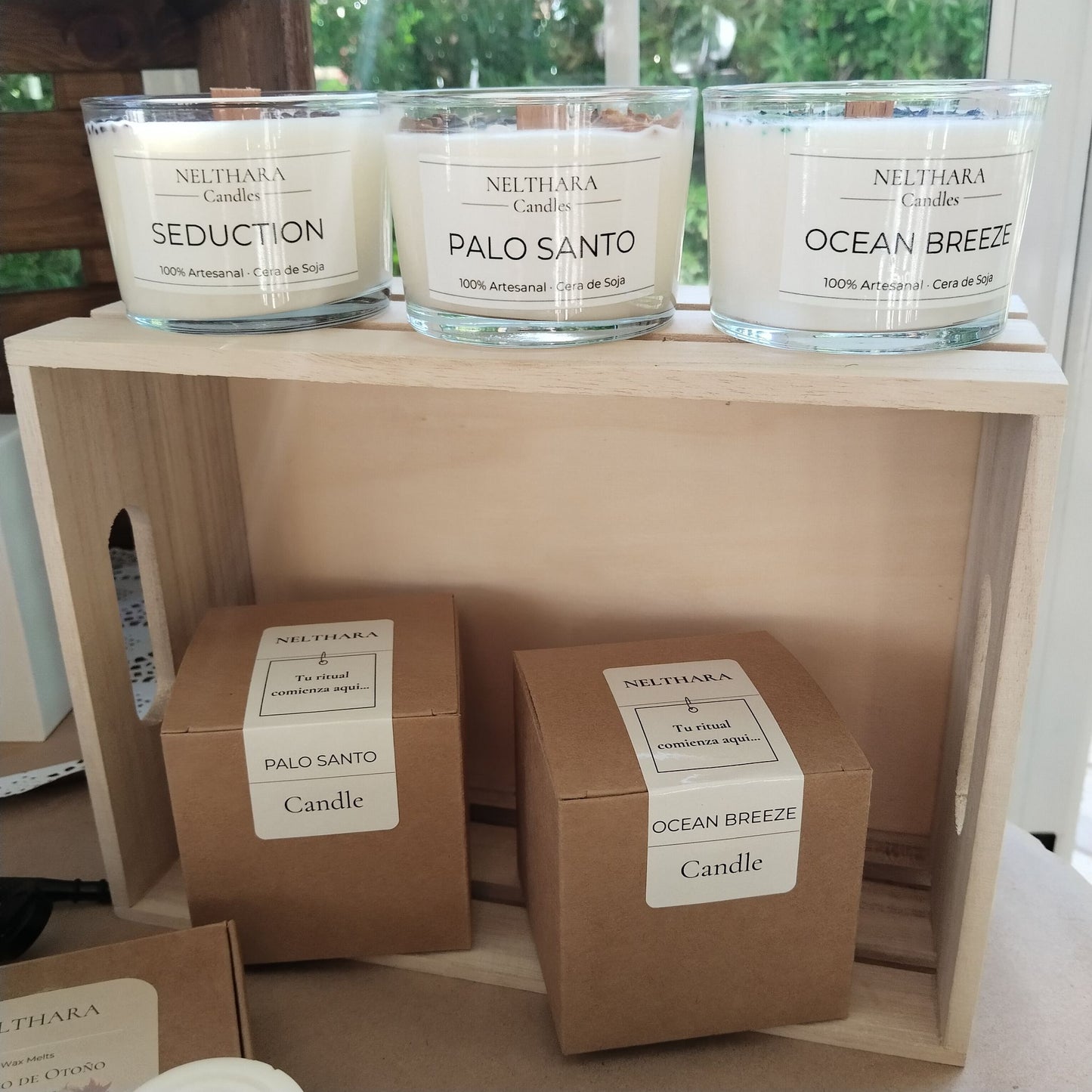 Pack 3 velas aromáticas en frascos cera de soja minerales presentación regalo Nelthara