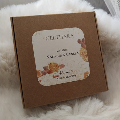 Wax melts Naranja & Canela soja en cajita kraft regalo Nelthara