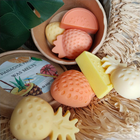 Wax melts de cera de soja natural, hechos a mano y con aroma increíble a frutas tropicales.